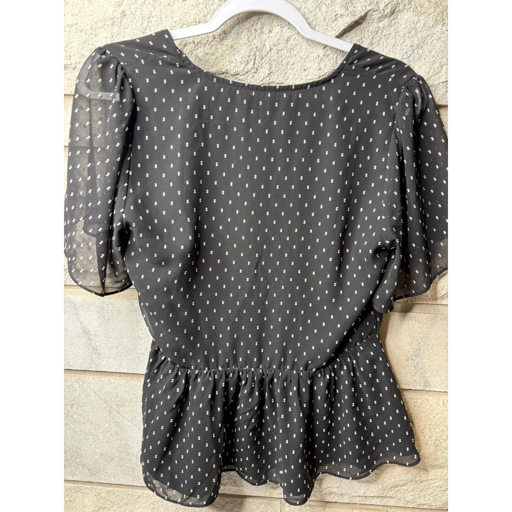 Madewell Black Clip Dot Wrap Top Short Flutter Sleeve Peplum V-Neck Small - Picture 4 of 5